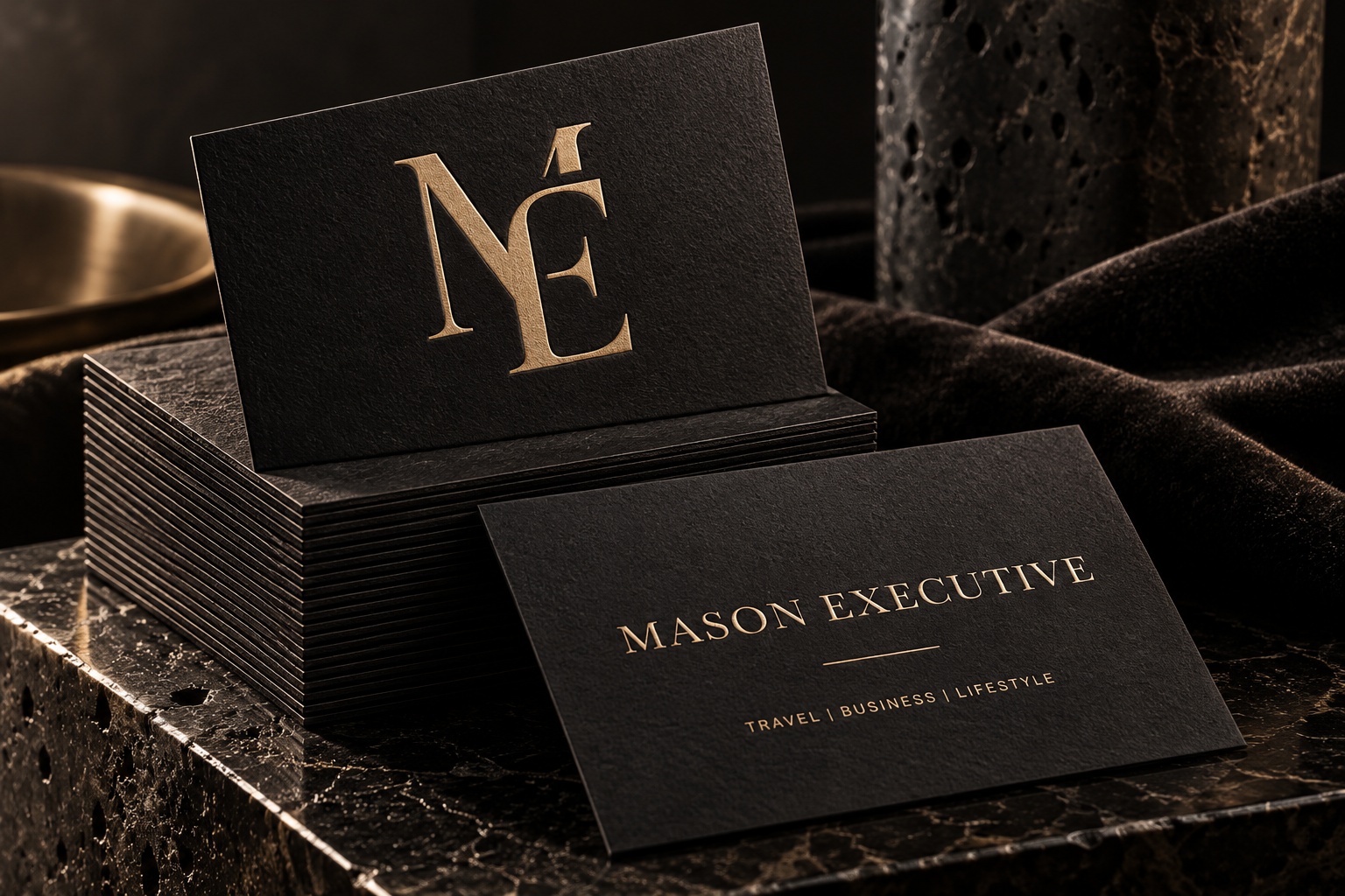 Black Maison Executive business cards with champagne foil monogram