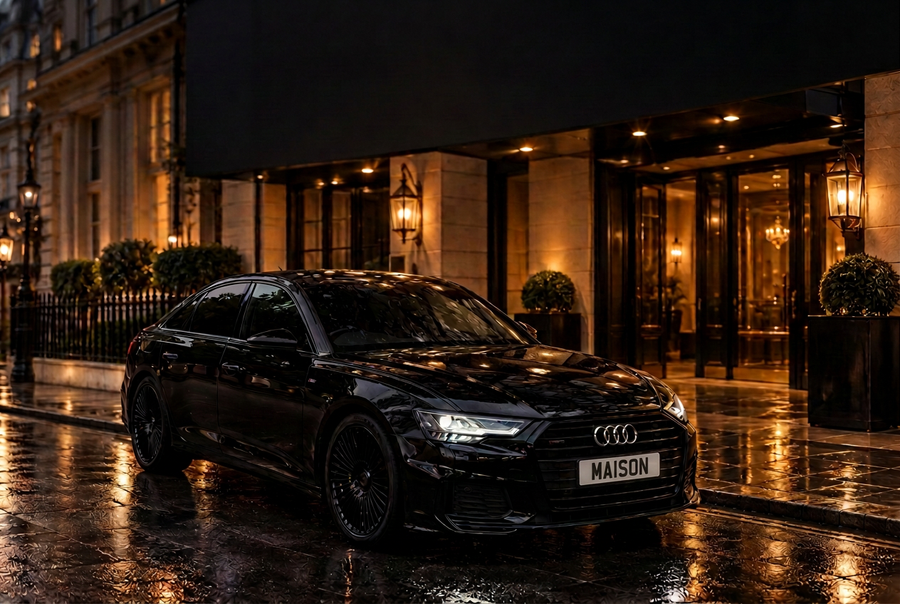 Illustrative scene: Maison Executive's black Audi outside an illuminated hotel at night